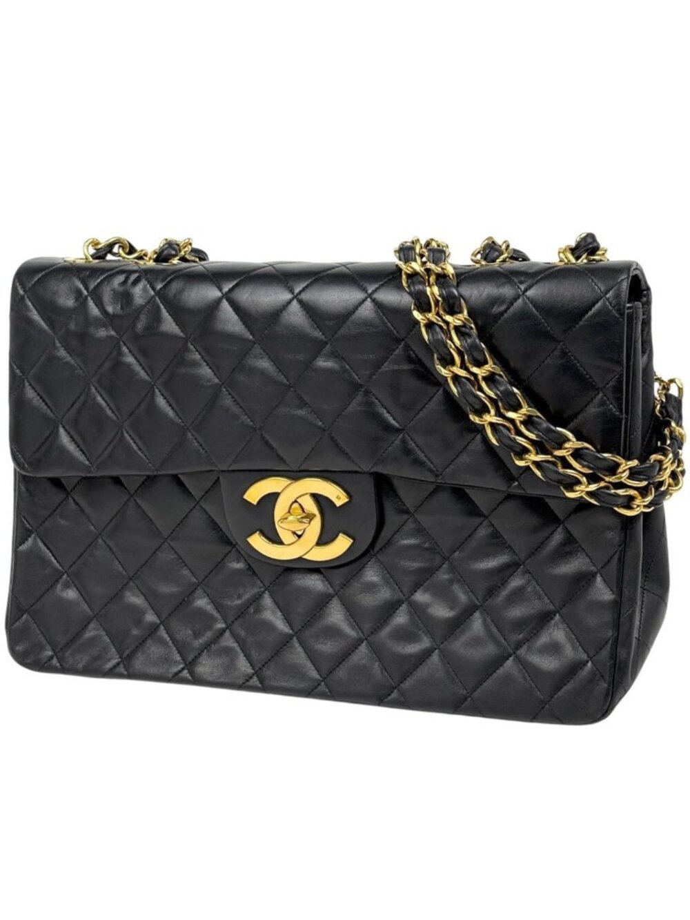 Chanel Big Quilted Shoulder Bag CC Logo Single Flap Chain Leather Black